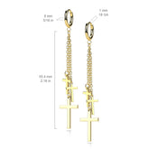 Pair Of 316L Surgical Steel Thin Hoop Earrings With Dangling Chains & Crosses